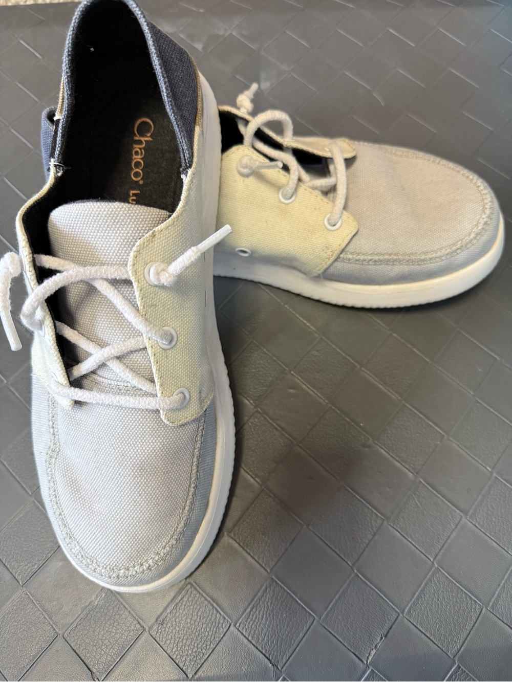 Chaco Women's Canvas Boat Shoes in Light Gray and Black Collar